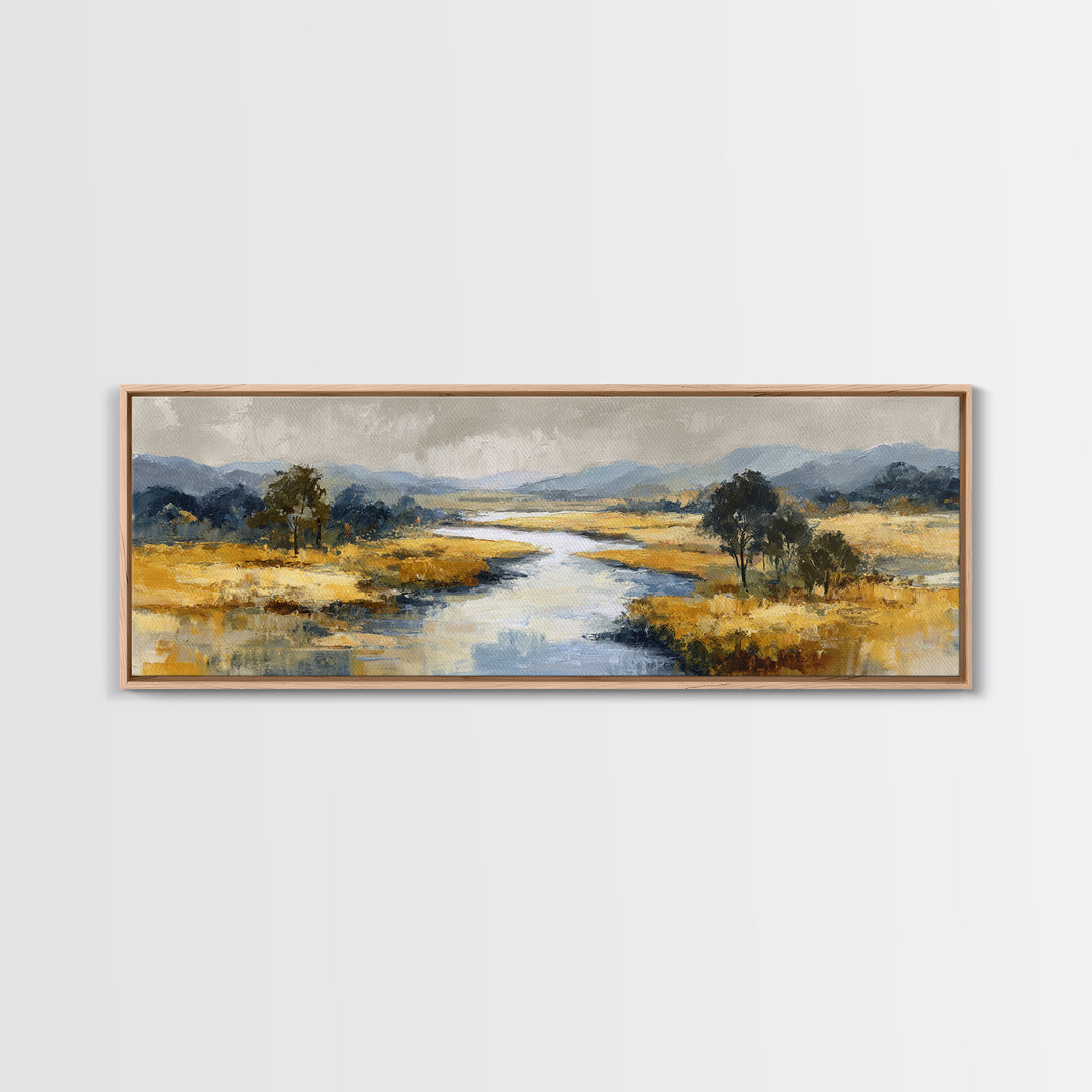 Winding River Through Golden Fields Canvas Print, Landscape Art, Boho Wall Art, Living Room Decor, Fine Art, Horizon, LAN-3x1-42