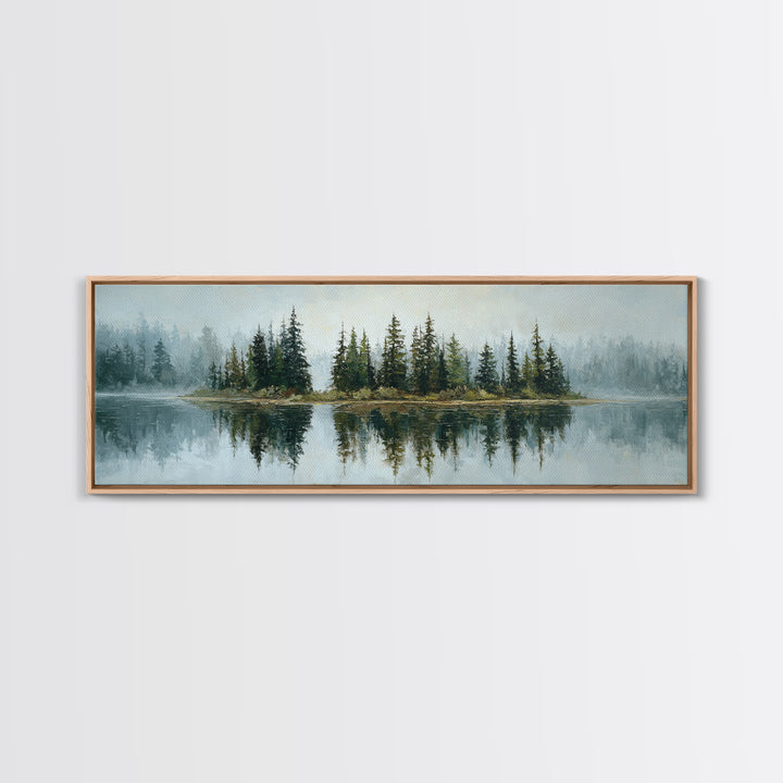 Quiet Lake Reflecting Pine Forest Framed Canvas Print, Landscape Art, Modern Decor, Living Room Decor, Fine Art, Horizon, LAN-3x1-44
