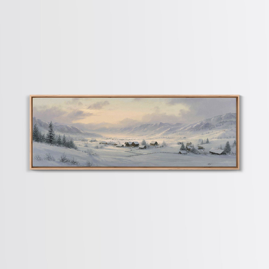 Snow Covered Alpine Village at Dusk Framed Canvas Print, Landscape Art, Digital Art, Living Room Decor, Fine Art, Horizon, LAN-3x1-47