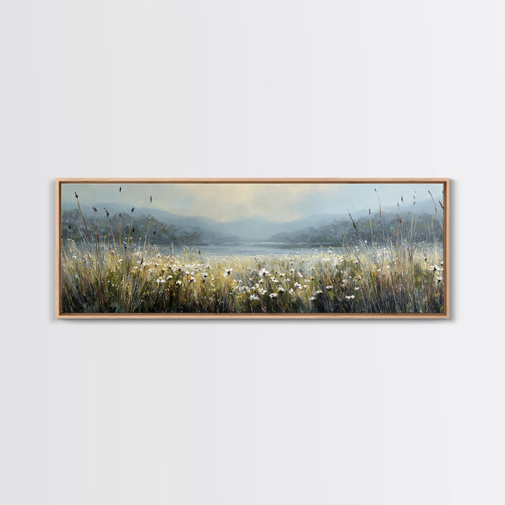 Sunlit Meadow with Wildflowers Framed Canvas Print, Landscape Art, Living Room Wall Art, Living Room Decor, Oil Painting, LAN-3x1-53