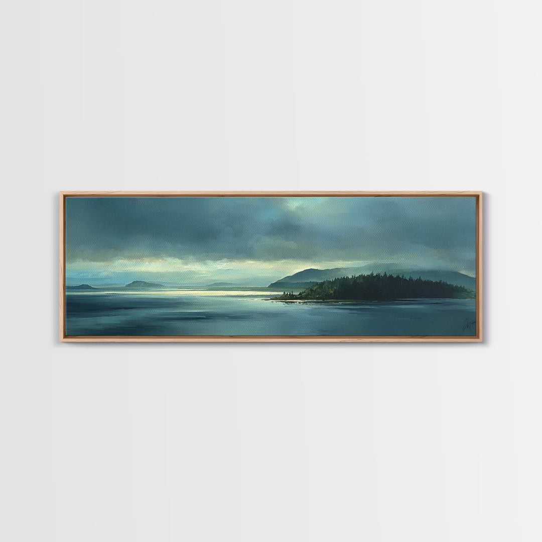 Fjord Landscape with Icy Blue Water Framed Canvas Print, Landscape Art, Decor, Living Room Decor, Oil Painting, Horizon, LAN-3x1-55