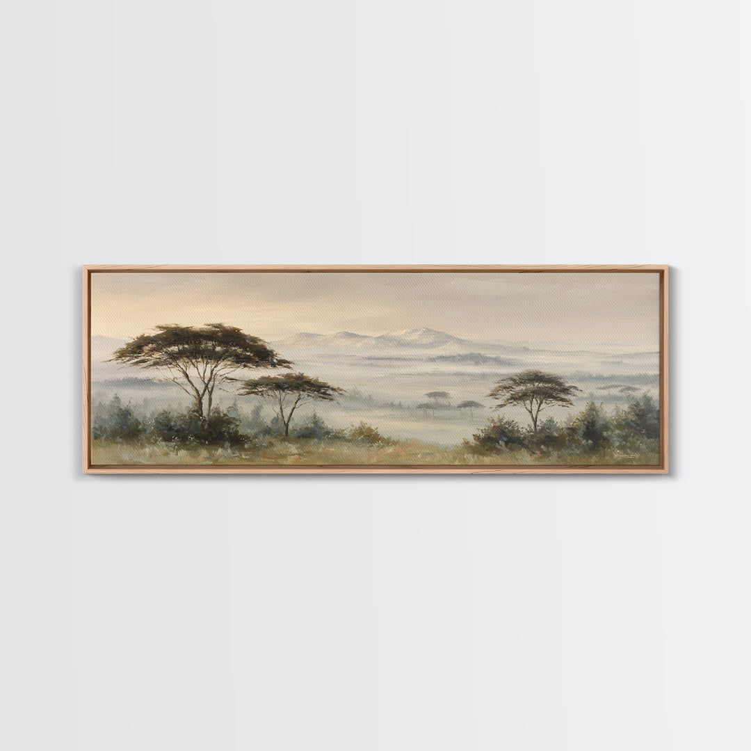 Wide Savanna with Acacia Silhouette Framed Canvas Print, Landscape Art, Digital Prints, Living Room Decor, Fine Art, Horizon, LAN-3x1-59