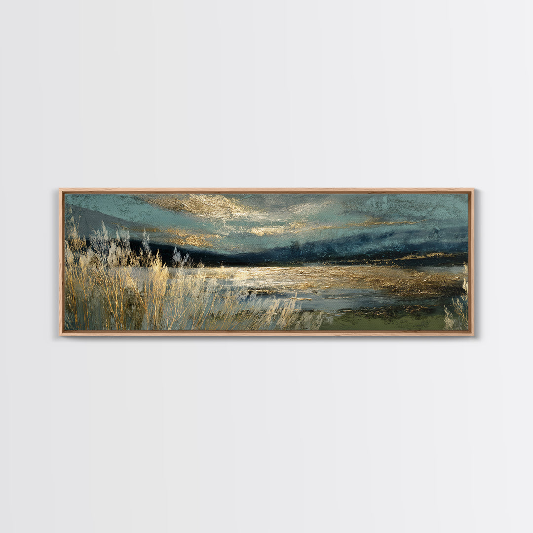 Moonlit River with Silver Reflections Canvas Print, Landscape Art, Floral Wall Art, Living Room Decor, Fine Art, Horizon, LAN-3x1-61