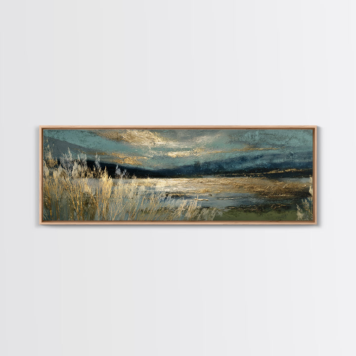 Moonlit River with Silver Reflections Canvas Print, Landscape Art, Floral Wall Art, Living Room Decor, Fine Art, Horizon, LAN-3x1-61