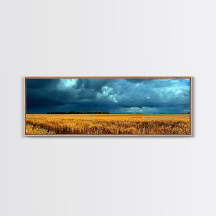 Golden Wheat Field Beneath Huge Clouds Framed Canvas Print, Landscape Art, Luxury Decor, Living Room Decor, Fine Art, Horizon, LAN-3x1-64