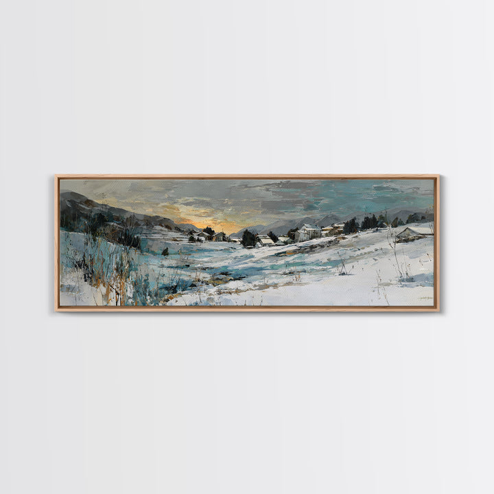 Snow Covered Alpine Village at Dusk Canvas Print, Landscape Art, Framed Wall Art, Living Room Decor, Oil Painting, Horizon, LAN-3x1-71