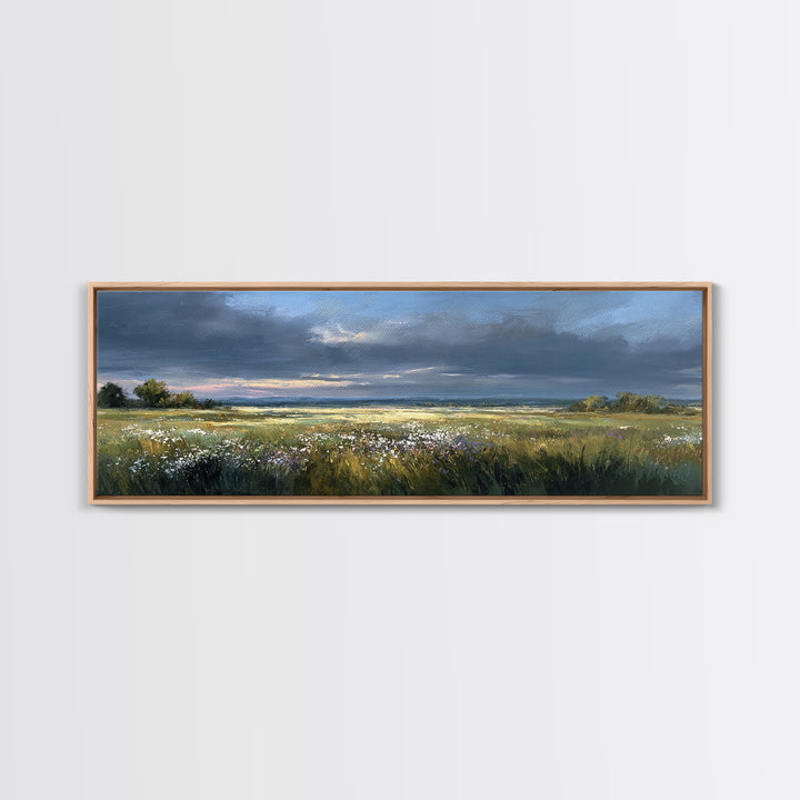 Sunlit Meadow with Wildflowers Framed Canvas Print, Landscape Art, Living Room Wall Art, Living Room Decor, Oil Painting, LAN-3x1-77