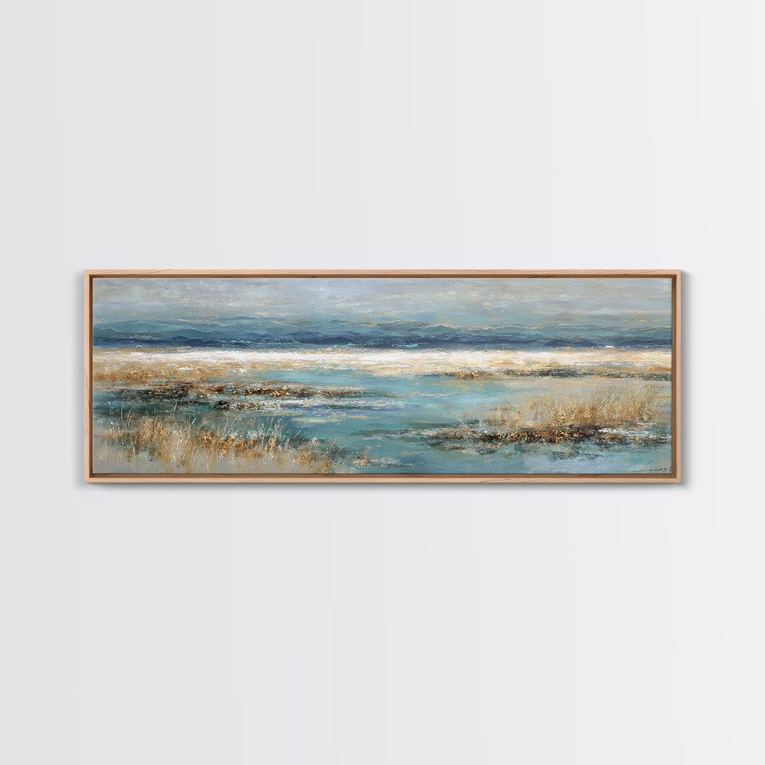 Fjord Landscape with Icy Blue Water Framed Canvas Print, Landscape Art, Digital Print, Living Room Decor, Fine Art, Horizon, LAN-3x1-79