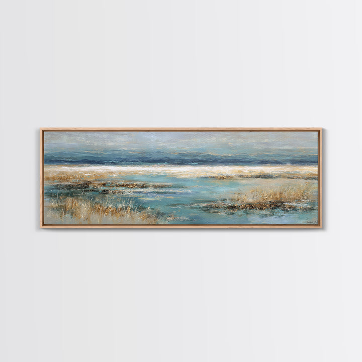 Fjord Landscape with Icy Blue Water Framed Canvas Print, Landscape Art, Digital Print, Living Room Decor, Fine Art, Horizon, LAN-3x1-79