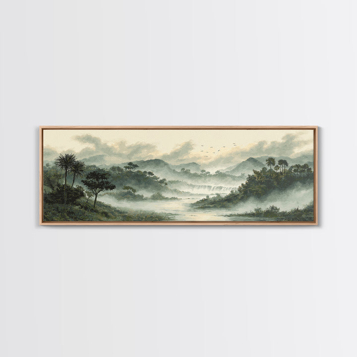 Tropical Jungle Waterfall Canvas Print, Landscape Art, Digital Prints, Living Room Decor, Fine Art, Horizon, Farmhouse Decor, LAN-3x1-80
