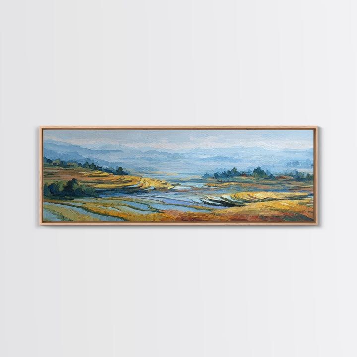 Rice Terraces Glowing Framed Canvas Print, Landscape Art, Living Room Decor, Oil Painting, Horizon, Modern Art, Gallery Decor, LAN-3x1-82