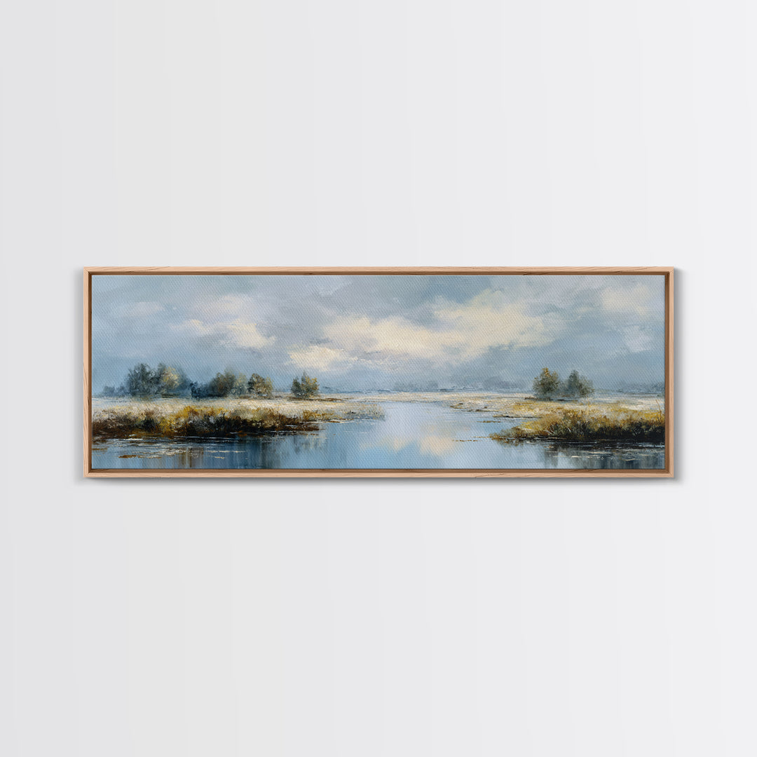 Moonlit River with Silver Reflections Canvas Print, Landscape Art, Floral Wall Art, Living Room Decor, Fine Art, Horizon, LAN-3x1-85