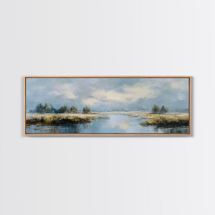 Moonlit River with Silver Reflections Canvas Print, Landscape Art, Floral Wall Art, Living Room Decor, Fine Art, Horizon, LAN-3x1-85