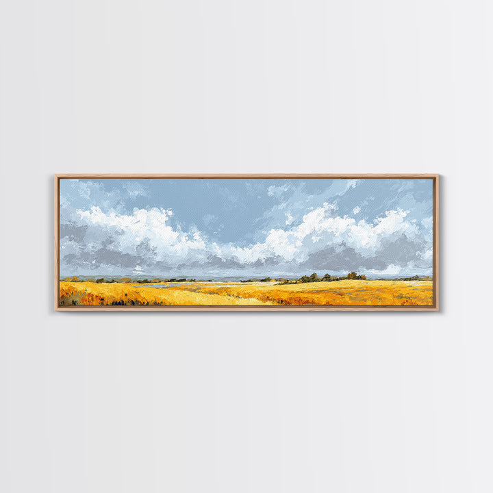 Golden Wheat Field Beneath Huge Clouds Canvas Print, Landscape Art, Wall Art, Living Room Decor, Horizon, Framed Wall Art, LAN-3x1-88
