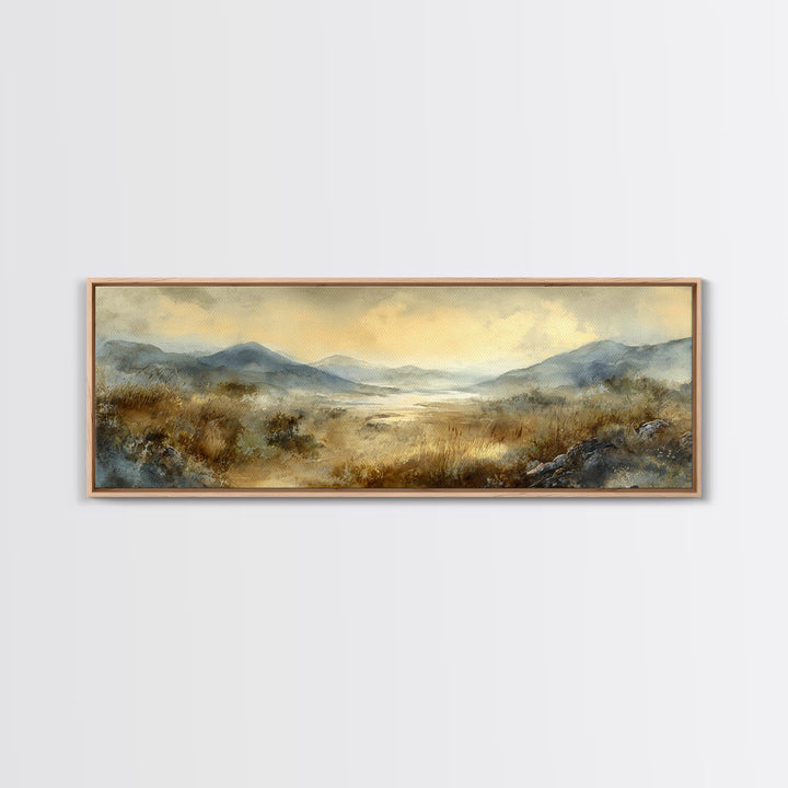 Misty Mountain Valley at Sunrise Framed Canvas Print, Landscape Art, Boho Decor, Living Room Decor, Fine Art, Horizon, LAN-3x1-89