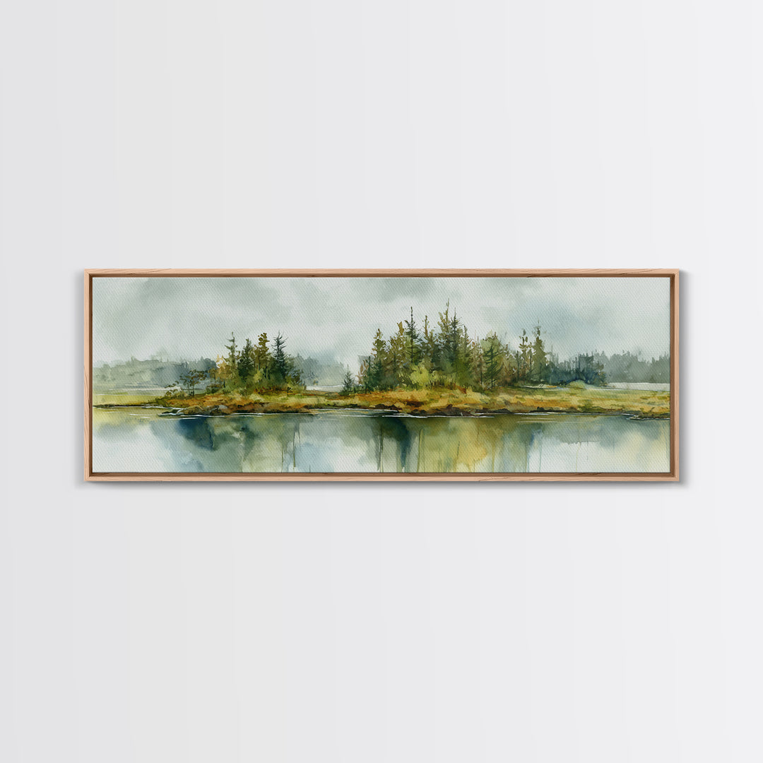 Quiet Lake Reflecting Pine Forest Canvas Print, Landscape Art, Digital Art, Living Room Decor, Fine Art, Horizon, Boho Wall Art, LAN-3x1-92