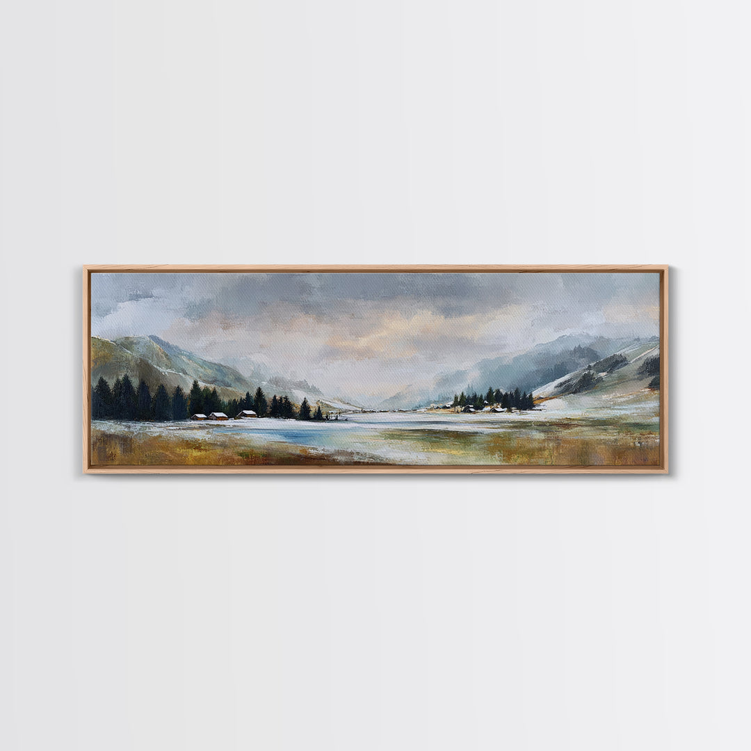 Snow Covered Alpine Village at Dusk Canvas Print, Landscape Art, Digital Art, Living Room Decor, Horizon, Boho Wall Art, LAN-3x1-95