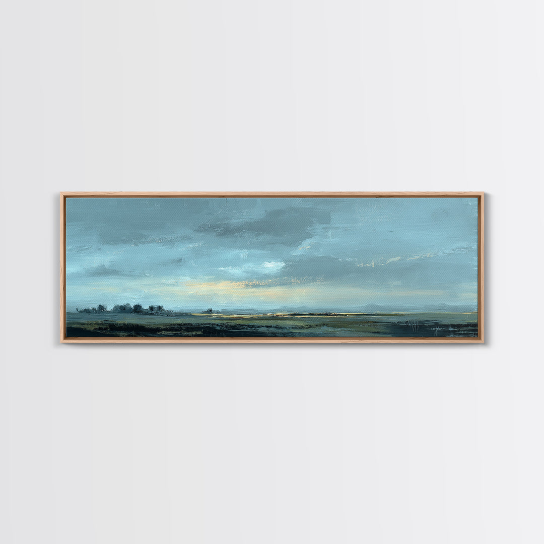 Desert Dunes under Pale Moon Framed Canvas Print, Landscape Art, Printable Wall Art, Living Room Decor, Oil Painting, Horizon, LAN-3x1-99