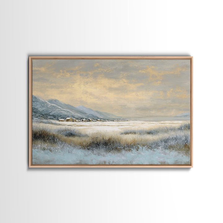 Snow Covered Alpine Village at Dusk Canvas Print, Landscape Art, Modern Decor, Living Room Decor, Fine Art, Horizon, Wall Decor, LAN-3x2-11