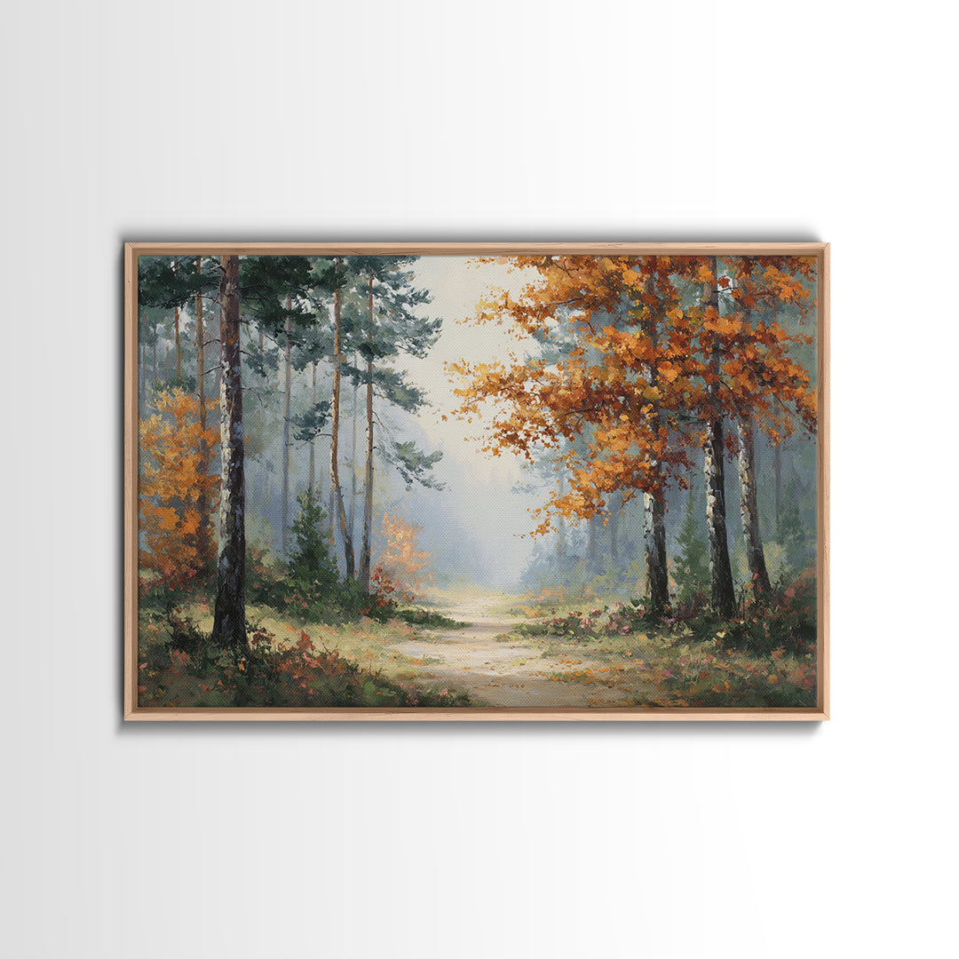 Autumn Forest Path Framed Canvas Print, Landscape Art, Wall Art Print, Living Room Decor, Fine Art, Horizon, Boho Decor, LAN-3x2-13