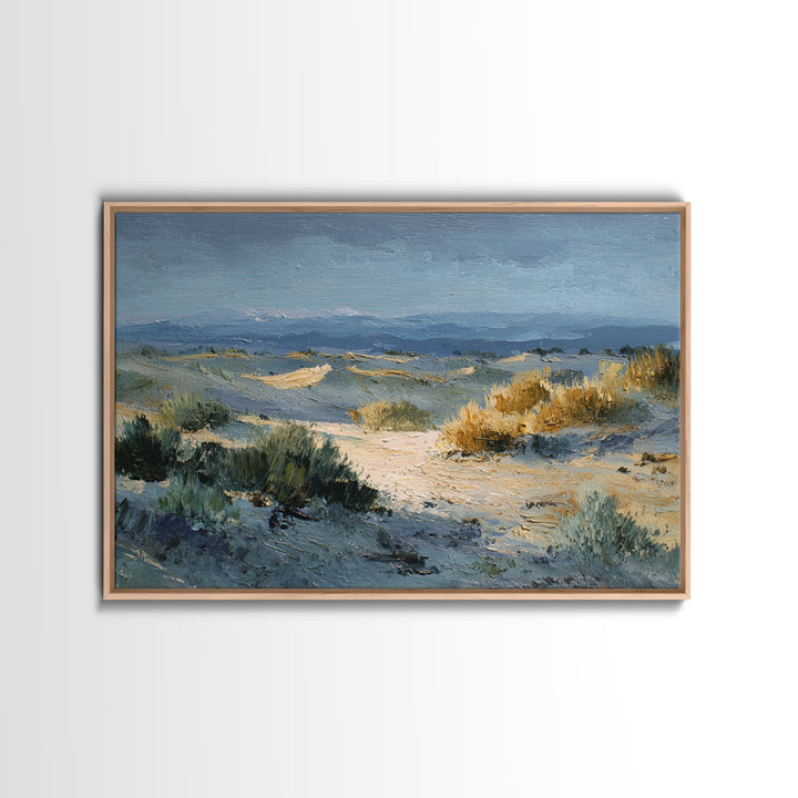 Desert Dunes under Pale Moon Framed Canvas Print, Landscape Art, Boho Wall Art, Living Room Decor, Fine Art, Horizon, LAN-3x2-15