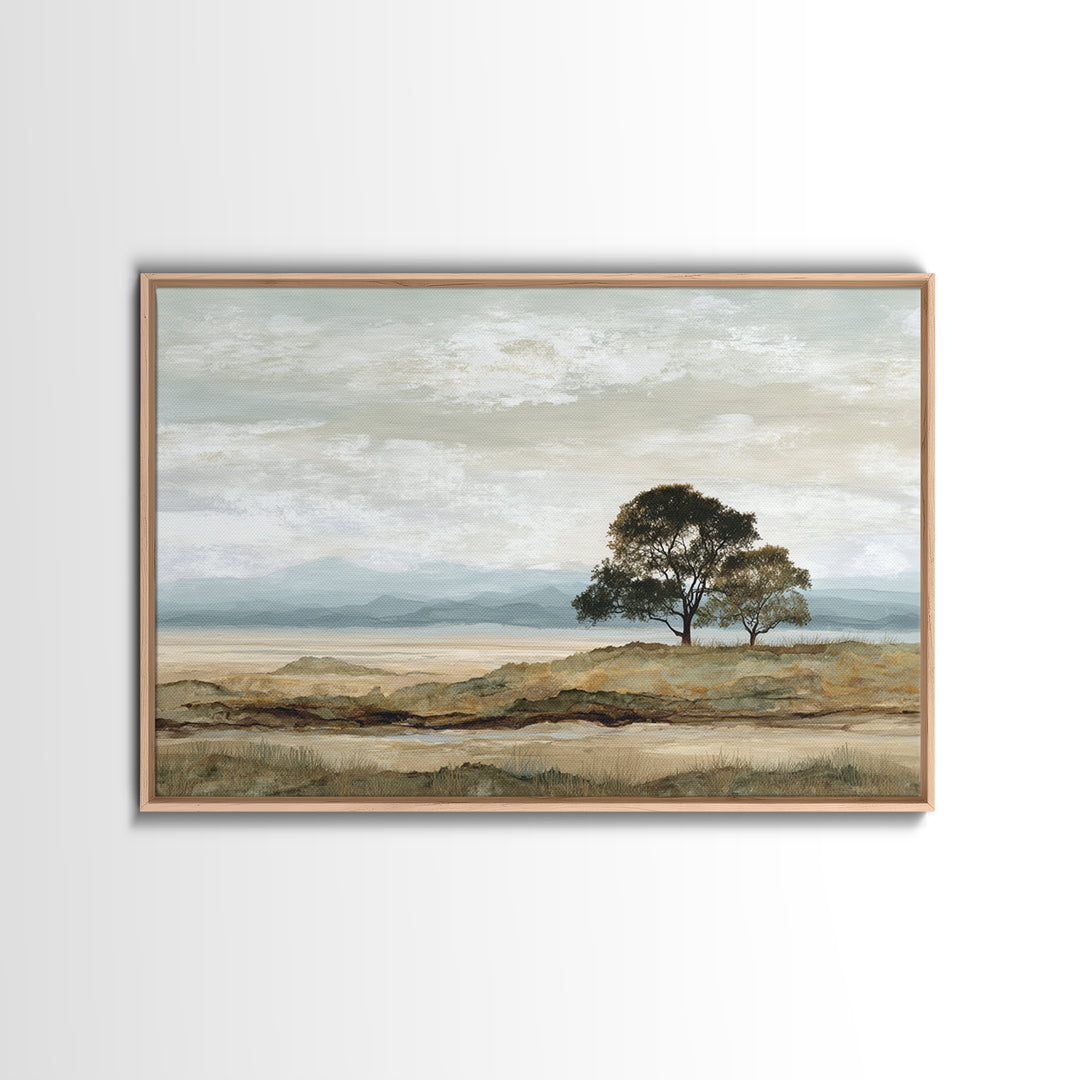 Wide Savanna with Acacia Silhouette Framed Canvas Print, Landscape Art, Living Room Wall Art, Living Room Decor, Oil Painting, LAN-3x2-23