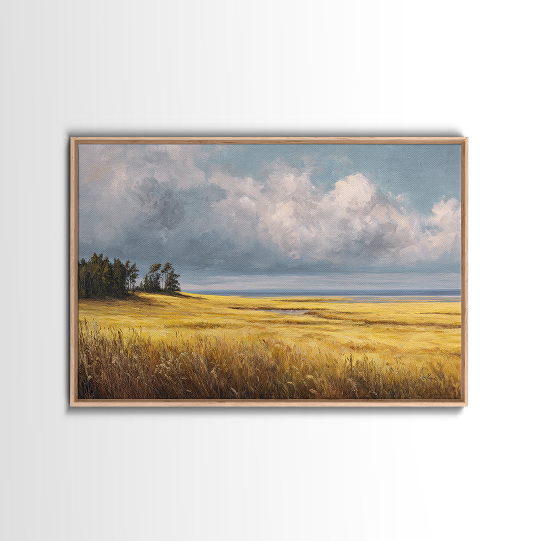 Golden Wheat Field Beneath Huge Clouds Canvas Print, Landscape Art, Horizontal Wall Art, Living Room Decor, Horizon, LAN-3x2-28