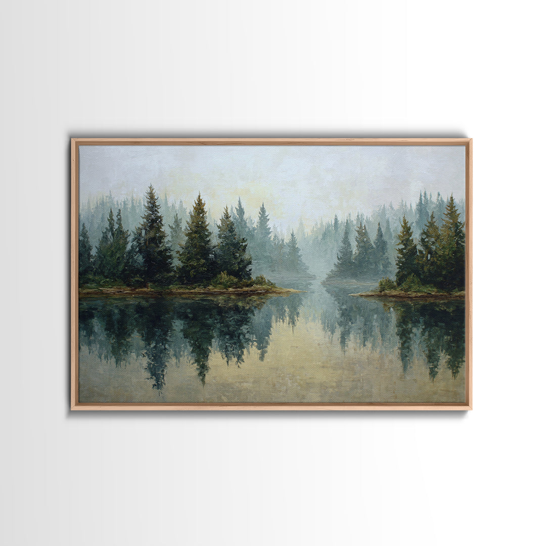 Quiet Lake Reflecting Pine Forest Canvas Print, Landscape Art, Living Room Wall Art, Living Room Decor, Oil Painting, Horizon, LAN-3x2-32