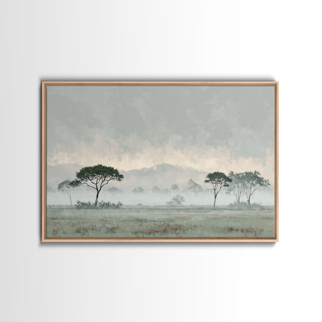 Wide Savanna with Acacia Silhouette Framed Canvas Print, Landscape Art, Digital Art, Living Room Decor, Fine Art, Horizon, LAN-3x2-47