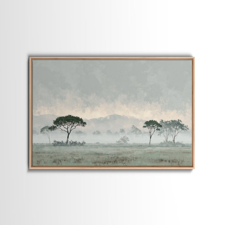 Wide Savanna with Acacia Silhouette Framed Canvas Print, Landscape Art, Digital Art, Living Room Decor, Fine Art, Horizon, LAN-3x2-47