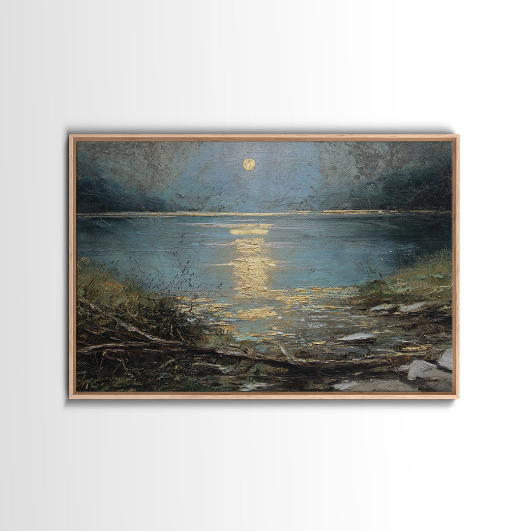Moonlit River with Silver Reflections Canvas Print, Landscape Art, Neutral Decor, Living Room Decor, Oil Painting, Horizon, LAN-3x2-49