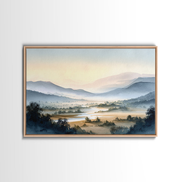 Misty Mountain Valley at Sunrise Framed Canvas Print, Landscape Art, Living Room Wall Art, Living Room Decor, Oil Painting, LAN-3x2-5