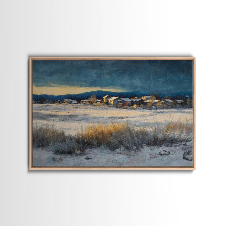 Snow Covered Alpine Village at Dusk Framed Canvas Print, Landscape Art, Digital Art, Living Room Decor, Fine Art, Horizon, LAN-3x2-59