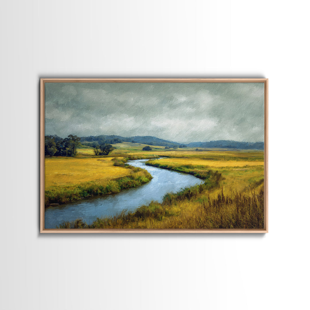Winding River Through Golden Fields Framed Canvas Print, Landscape Art, Farmhouse Decor, Living Room Decor, Fine Art, Horizon, LAN-3x2-6