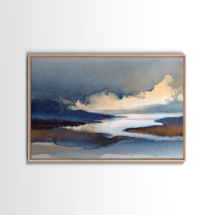 Moonlit River with Silver Reflections Canvas Print, Landscape Art, Neutral Decor, Living Room Decor, Oil Painting, Horizon, LAN-3x2-73