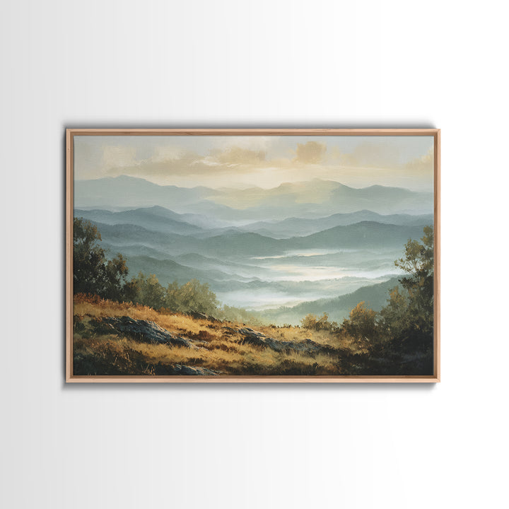 Misty Mountain Valley at Sunrise Framed Canvas Print, Landscape Art, Room Decor, Living Room Decor, Fine Art, Horizon, LAN-3x2-77