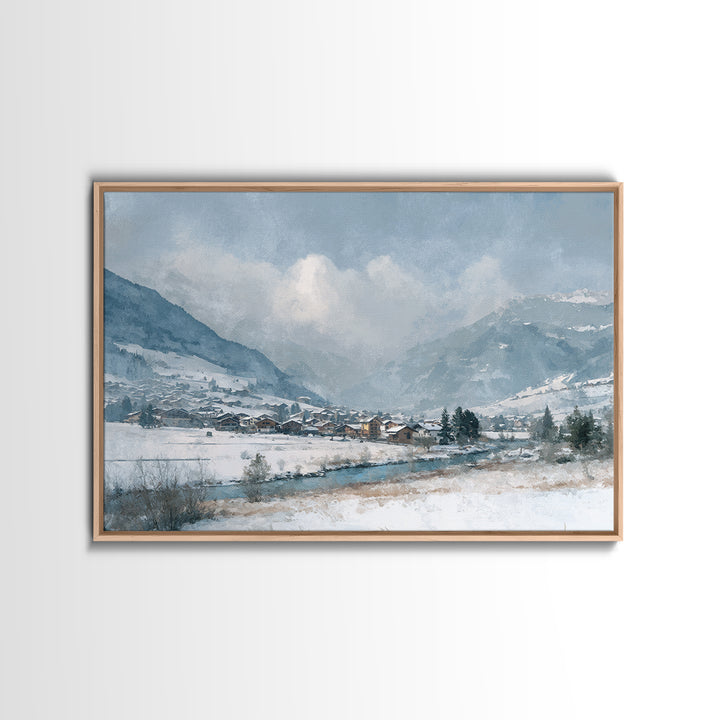 Snow Covered Alpine Village at Dusk Canvas Print, Landscape Art, Framed Wall Art, Living Room Decor, Oil Painting, Horizon, LAN-3x2-83