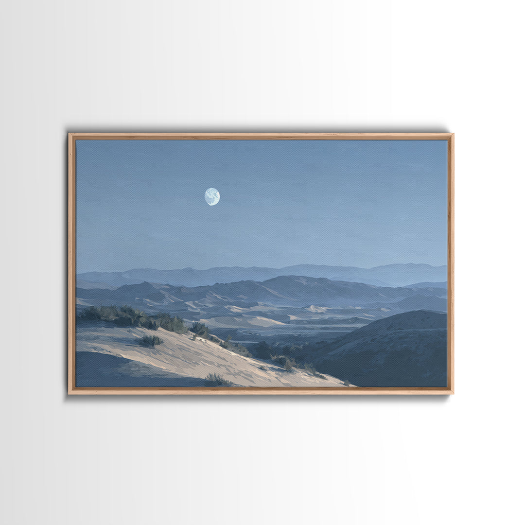 Desert Dunes under Pale Moon Framed Canvas Print, Landscape Art, Wall Decor, Living Room Decor, Fine Art, Horizon, LAN-3x2-87