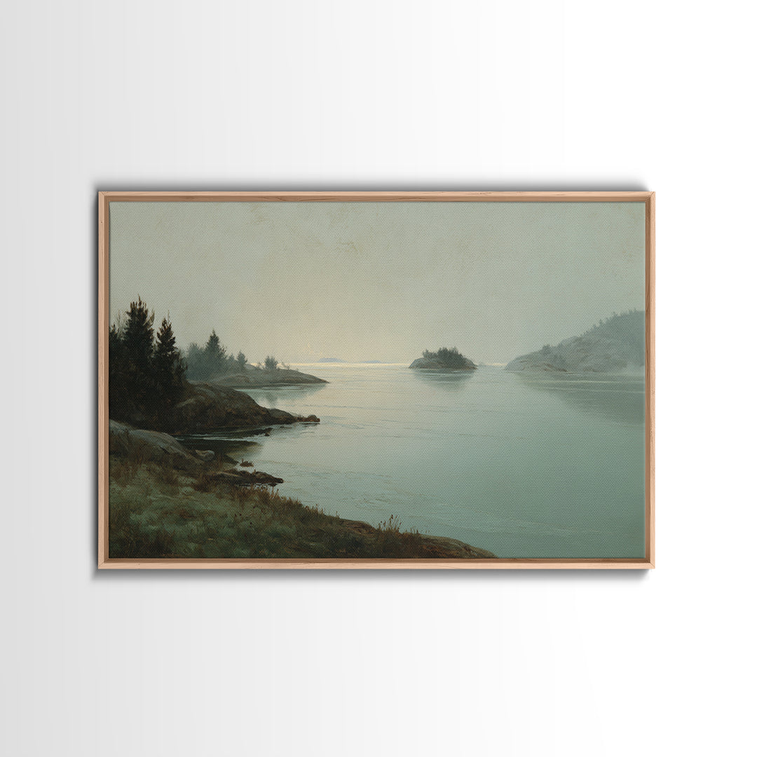 Fjord Landscape with Icy Blue Water Framed Canvas Print, Landscape Art, Digital Print, Living Room Decor, Fine Art, Horizon, LAN-3x2-91