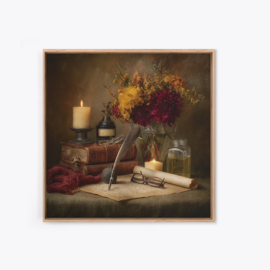 Fountain Pen and Parchment Framed Canvas Print, Library Art, Painting, Library Decor, Fine Art, Archive, Halloween Printable, LIB-1x1-12