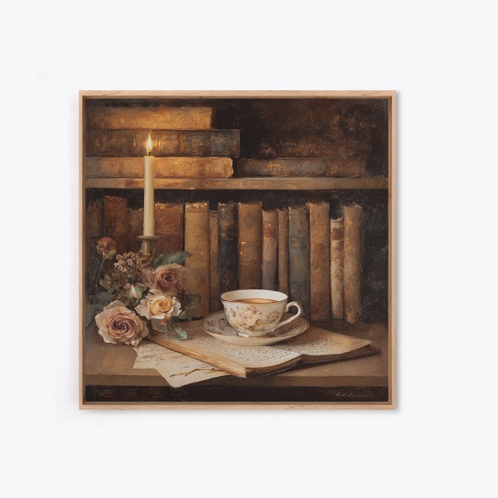 Teacup Beside a Novel and Roses Canvas Print, Library Art, Black Cat Art, Library Decor, Fine Art, Archive, Luxury Decor, LIB-1x1-14