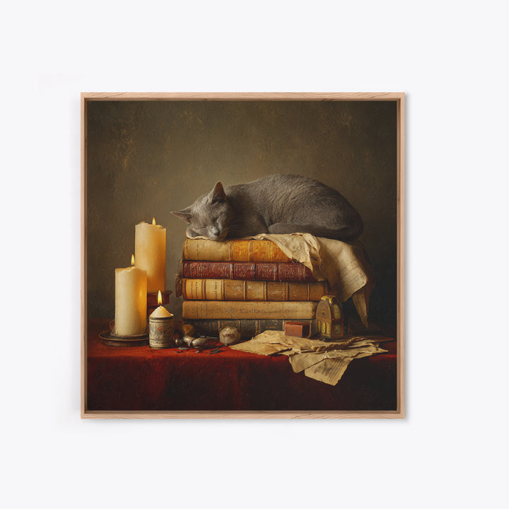 Cat Sleeping on a Book Stack Canvas Print, Library Art, Moody Wall Art, Library Decor, Fine Art, Archive, Gallery Decor, LIB-1x1-31