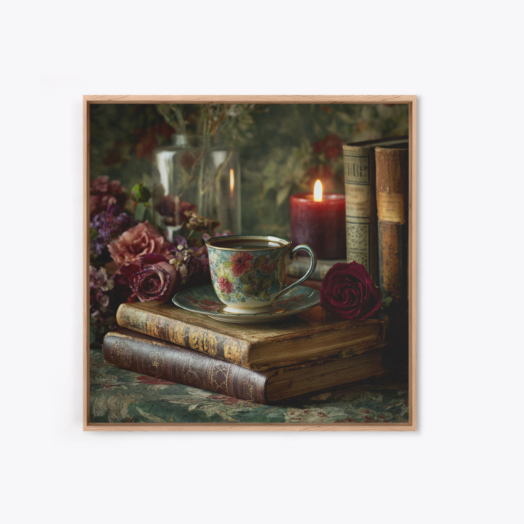 Teacup Beside a Novel and Roses Framed Canvas Print, Library Art, Gallery Decor, Library Decor, Fine Art, Archive, Wall Art, LIB-1x1-38
