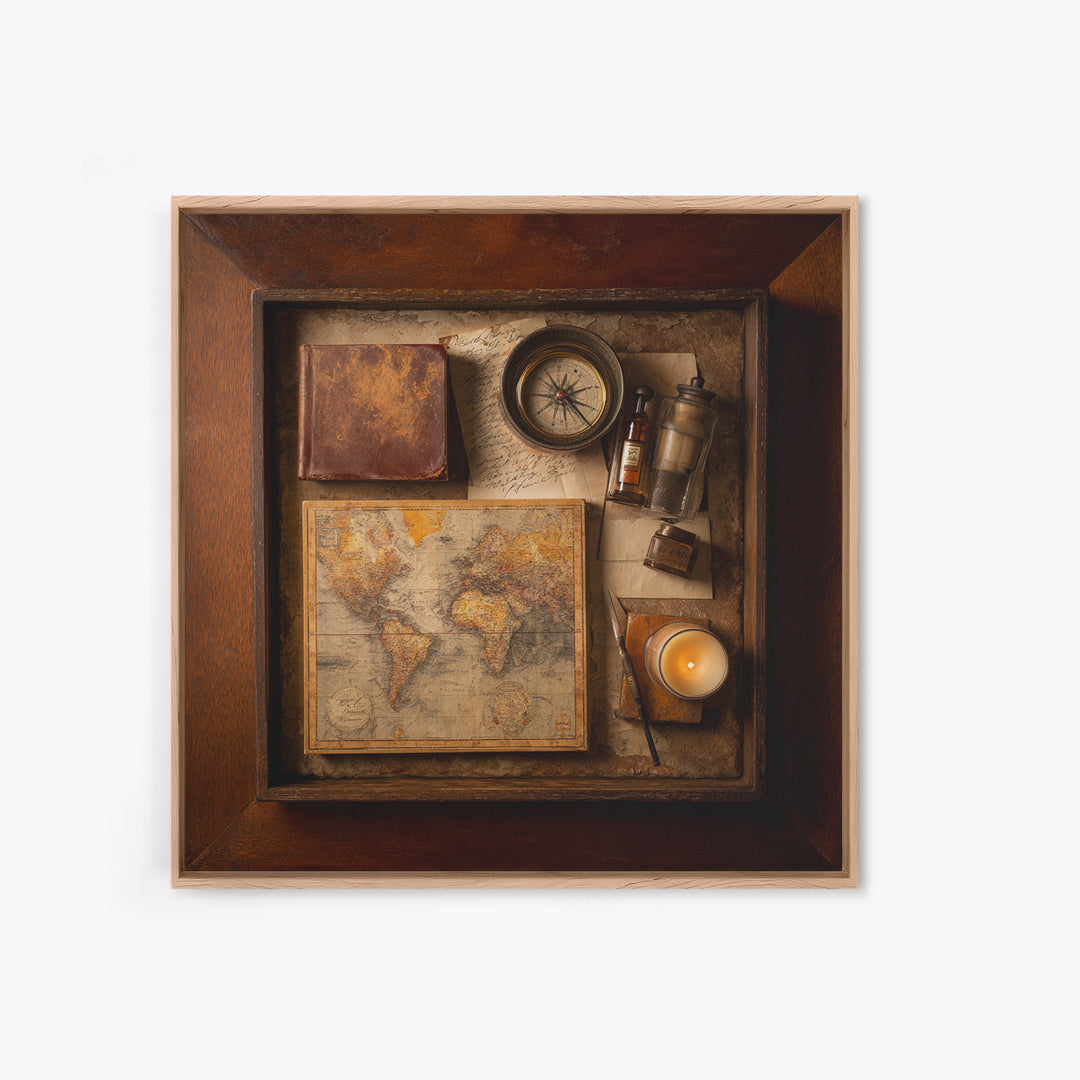 Map and Compass on Leather Bound Atlas Framed Canvas Print, Library Art, Room Decor, Library Decor, Fine Art, Archive, LIB-1x1-40