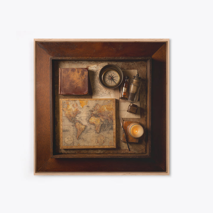 Map and Compass on Leather Bound Atlas Framed Canvas Print, Library Art, Room Decor, Library Decor, Fine Art, Archive, LIB-1x1-40