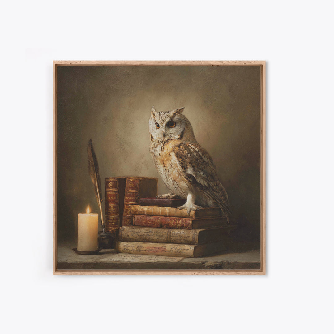 Owl Perched on a Pile of Antique Canvas Print, Library Art, Gothic Wall Decor, Library Decor, Fine Art, Archive, LIB-1x1-50