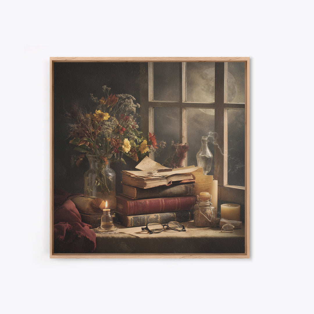 Moonlit Window with Floating Pages Framed Canvas Print, Library Art, Dark Academia Decor, Library Decor, Fine Art, Archive, LIB-1x1-56