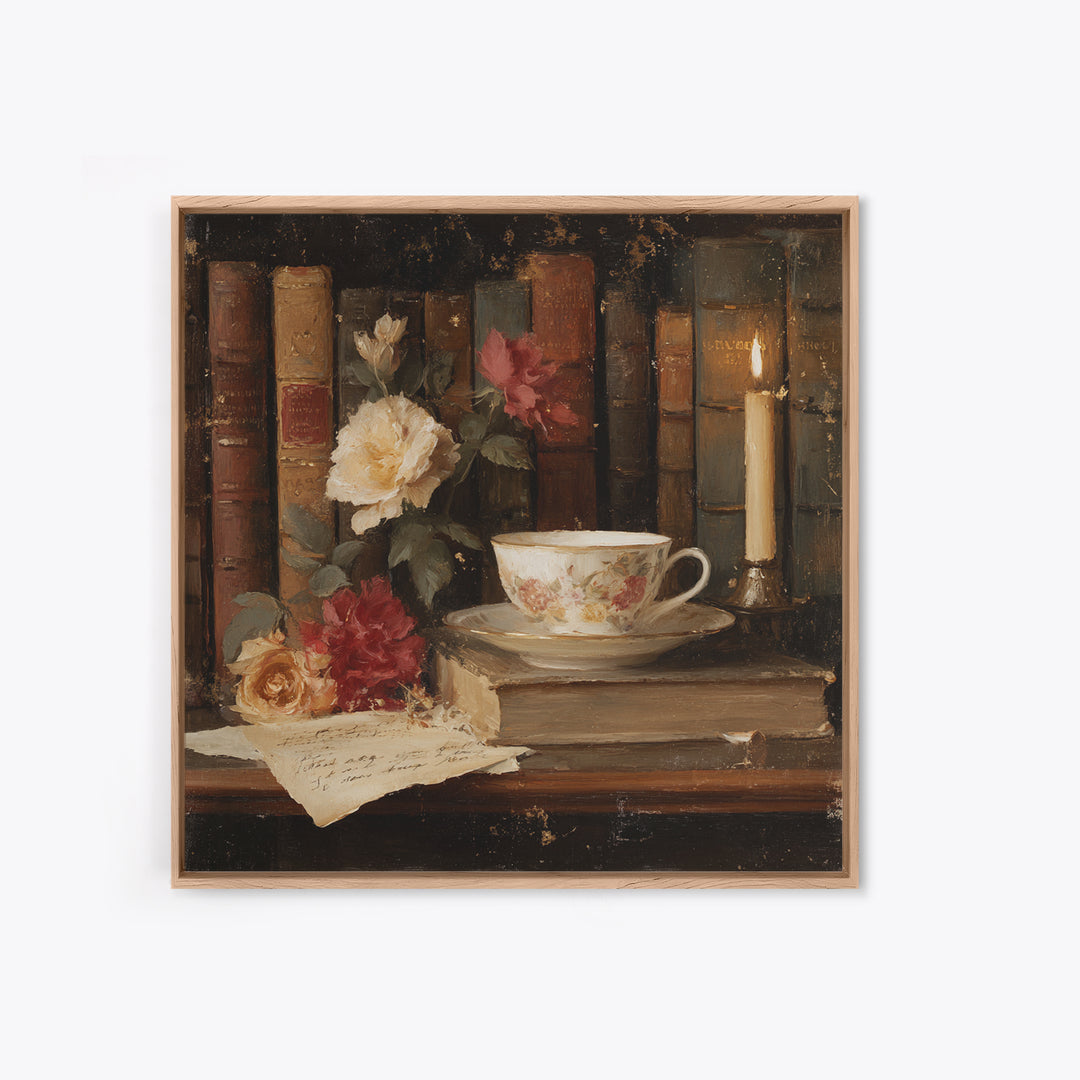 Teacup Beside a Novel and Roses Framed Canvas Print, Library Art, Gallery Decor, Library Decor, Fine Art, Archive, Wall Art, LIB-1x1-62
