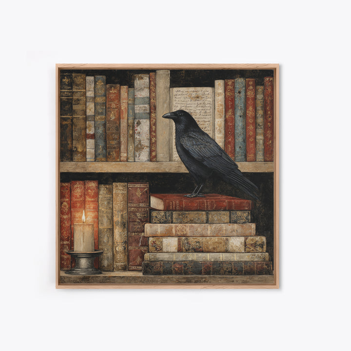 Black Raven Perched on Closed Book Framed Canvas Print, Library Art, Reading Nook Decor, Library Decor, Fine Art, Archive, LIB-1x1-70