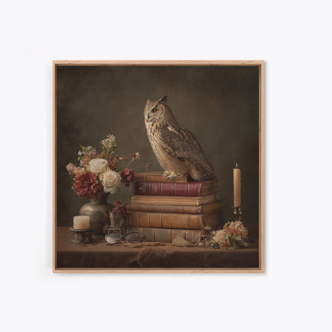 Owl Perched on a Pile of Antique Framed Canvas Print, Library Art, Fine Art Print, Library Decor, Fine Art, Archive, Painting, LIB-1x1-74